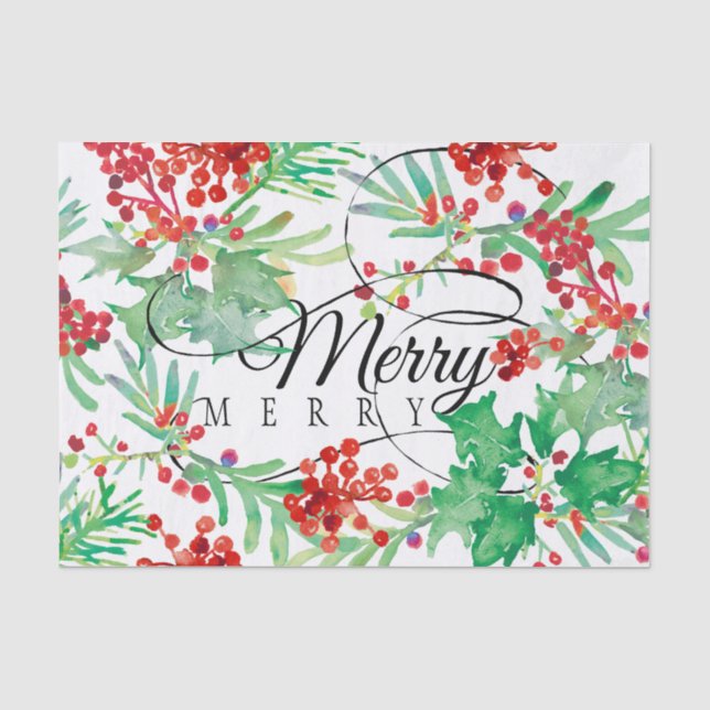 Papier Mousseline Scripts Holly Red Green Merry (Recto)
