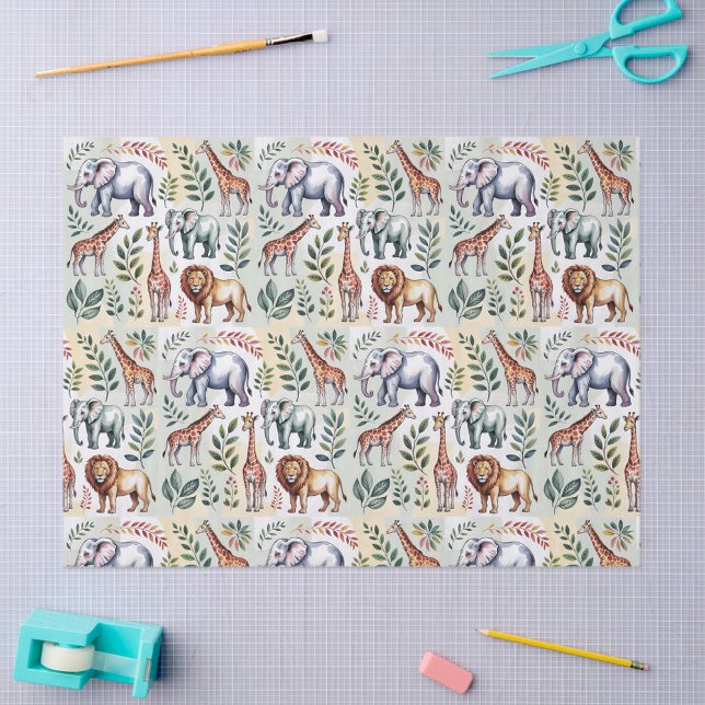 Papier Mousseline Seamless pattern featuring elephants lions (Créateur téléchargé)