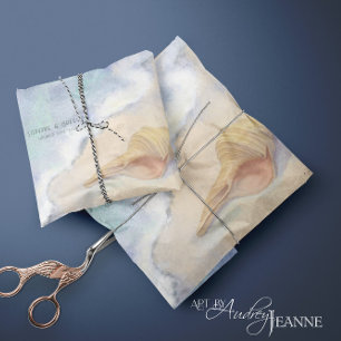 Papier Mousseline Seashell Beach Vague de mer Sable bleu blanc Décou