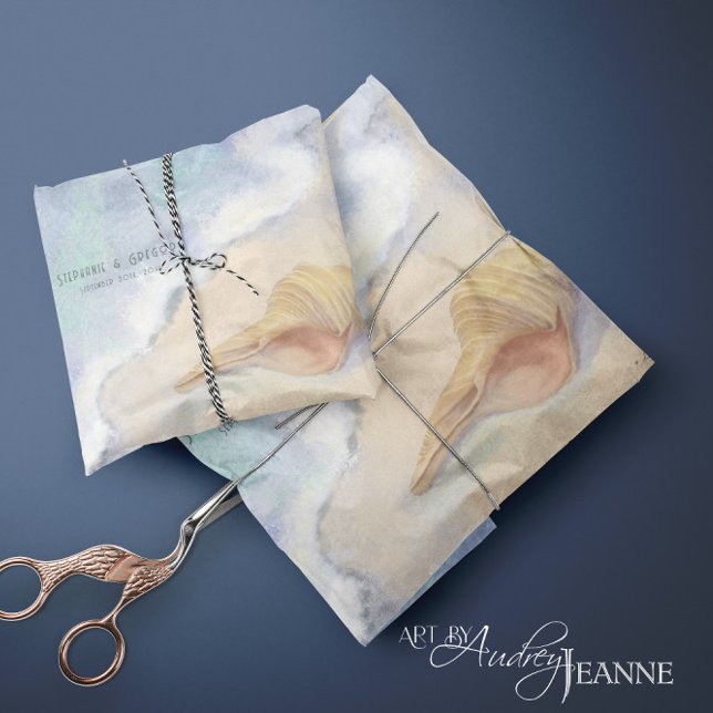 Papier Mousseline Seashell Beach Vague de mer Sable bleu blanc Décou (Créateur téléchargé)