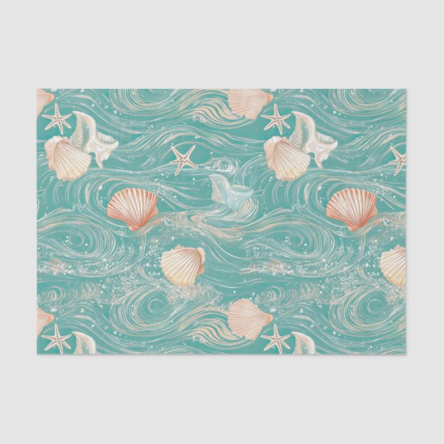 Papier Mousseline Seashells and Ocean Waves Pattern (10) (Recto)