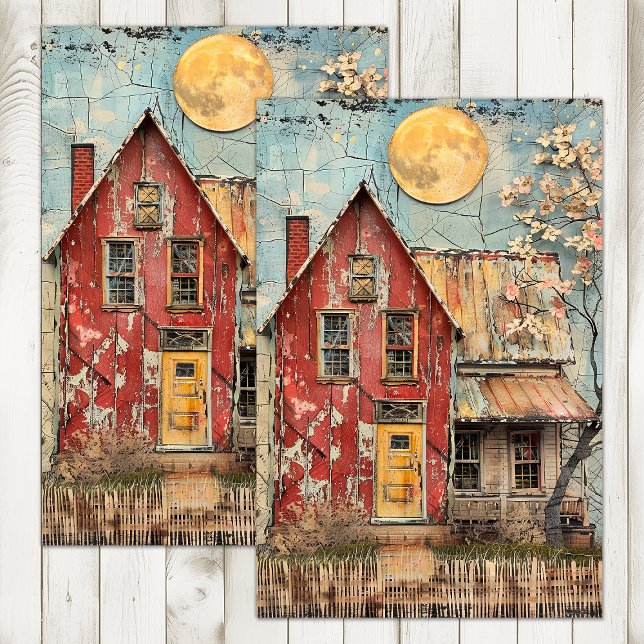 PAPIER MOUSSELINE SHABBY ANCIENNE MAISON ROUGE DÉCOUPAGE MÉDIA MIXTE (SHABBY OLD RED HOUSE MIXED MEDIA DECOUPAGE TISSUE PAPER)