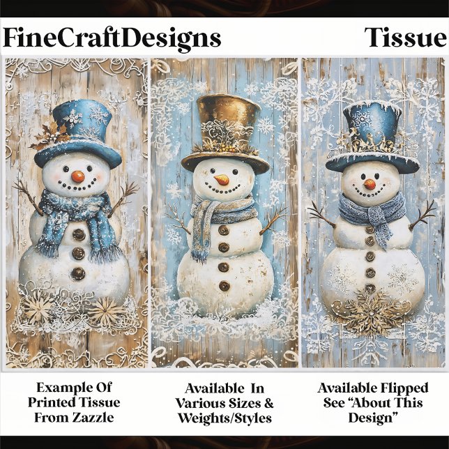Papier Mousseline Shabby Chic Snowmen Blue Gold EL8R Decoupage (Créateur téléchargé)