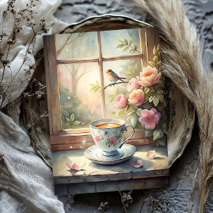 Papier Mousseline Shabby chic vintage oiseau rousse fenêtre pivoines