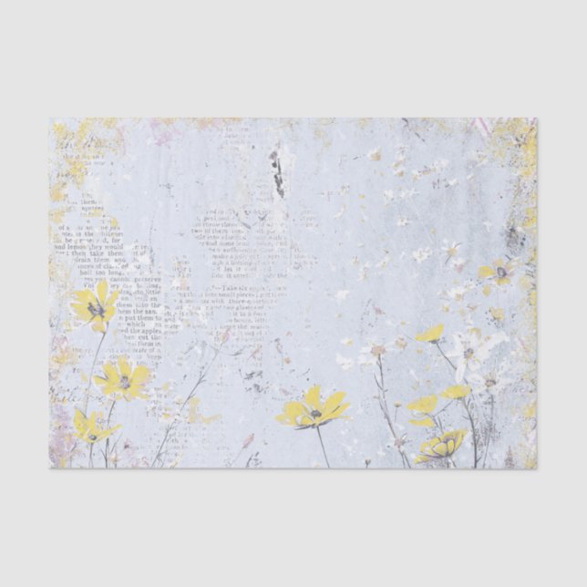 Papier Mousseline Shabby Jaune Fleur sauvage Daisy Blue Texte Collag (Recto)