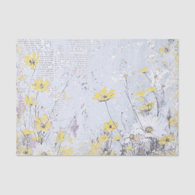 Papier Mousseline Shabby Jaune Fleur sauvage Daisy Blue Texte Collag (Recto)
