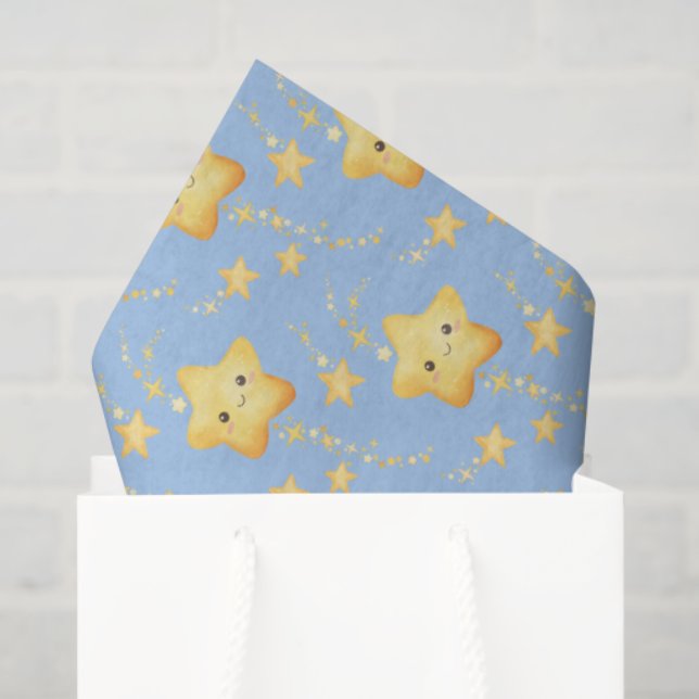 Papier Mousseline Shooting Stars Soft Blue Sky Whimsical Baby Shower (Sac cadeau)