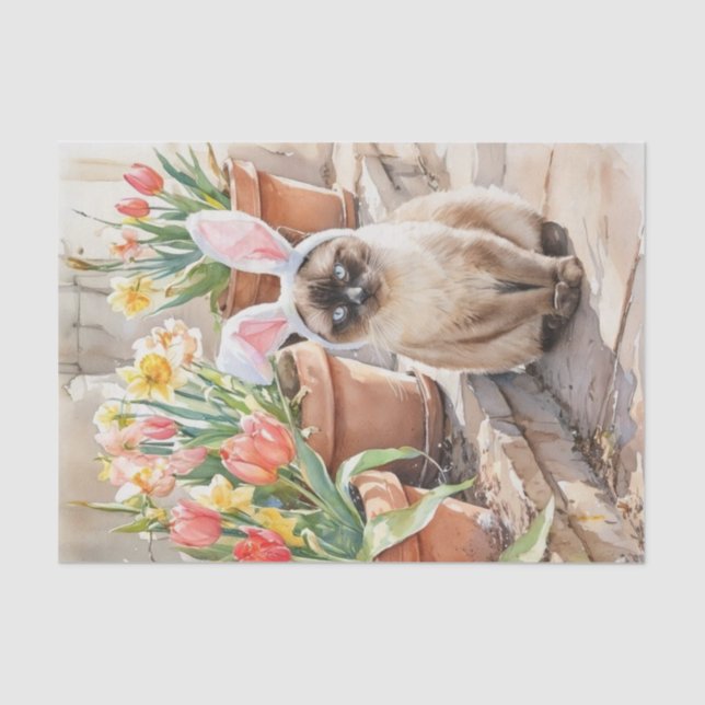 Papier Mousseline Siamese Bunny Cute Easter Cat with Tulips  (Recto)