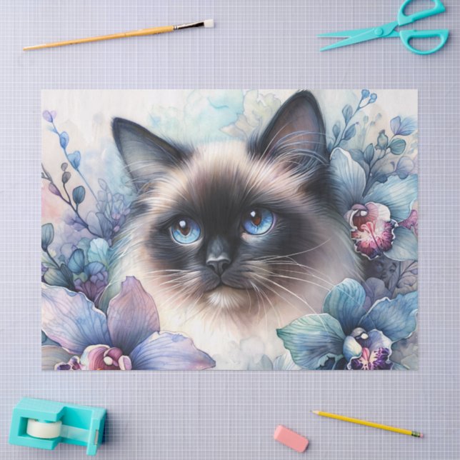 Papier Mousseline Siamese Cat Orchid Flowers Portrait (Artisanat)