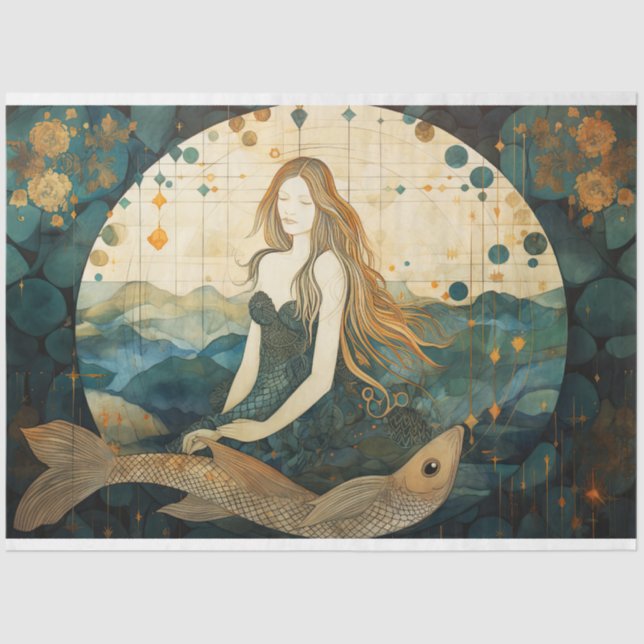 Papier Mousseline Sirène Primitive Avec Dégagement Océan Poisson (Recto)