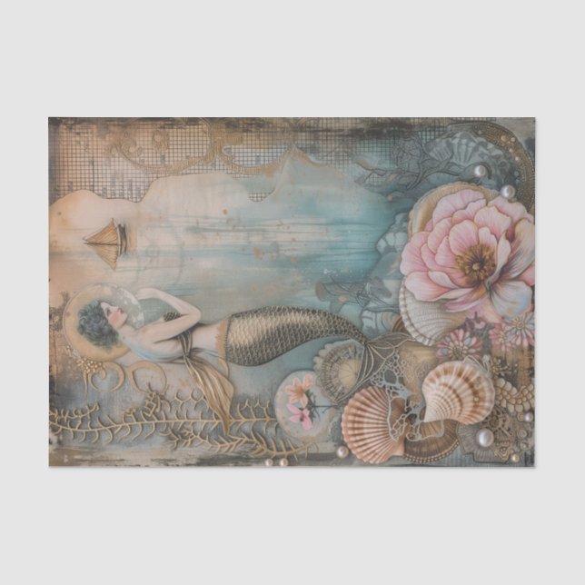 Papier Mousseline Sirène vintage avec décoquillages (Recto)