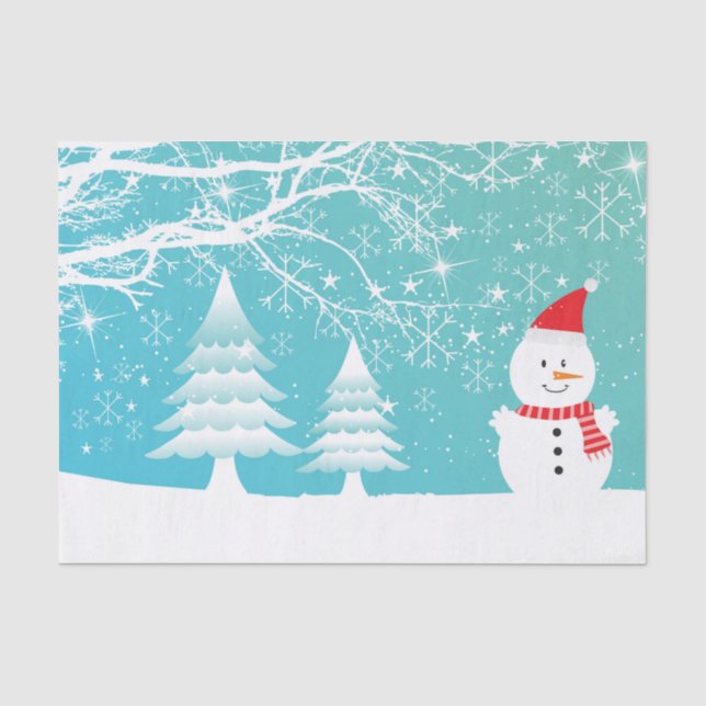 Papier Mousseline Snowman Avec Casquette Rouge Et Écharpe Et Arbres  (Recto)