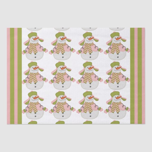 Papier Mousseline Snowman de Noël rose et vert (Recto)