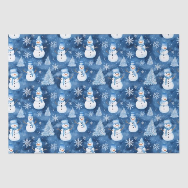Papier Mousseline Snowmen Blue hiver Noël Motif (Recto)