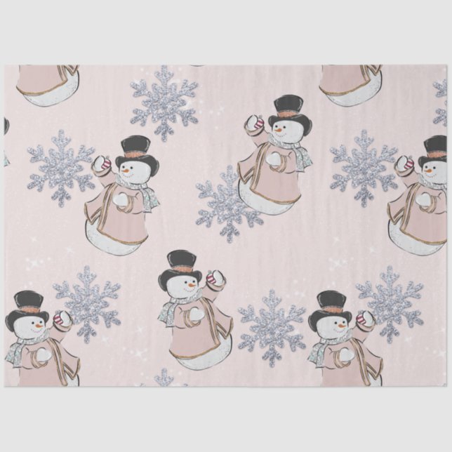 Papier Mousseline Snowmen et Silver Snowflakes Noël rose (Recto)