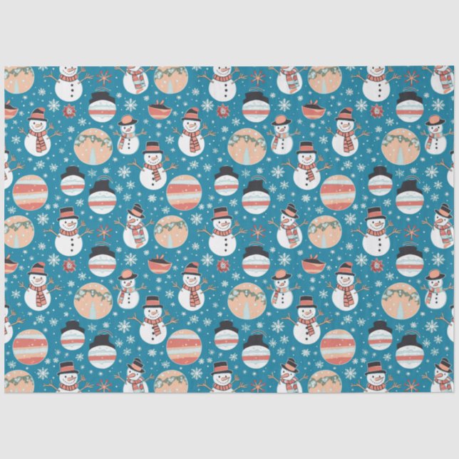 Papier Mousseline Snowmen, Snowflakes et ornements Noël bleu (Recto)