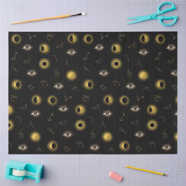Papier Mousseline Soleil céleste d'or noir et oeil zodiaque de la lu (Artisanat)