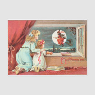 Papier Mousseline Sorcière d'Halloween vintage avec Broomstick