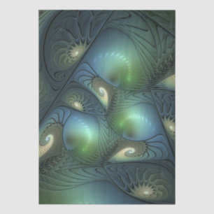 Papier Mousseline Spirales Vert Turquoise Beige Art Fractal Abstrait