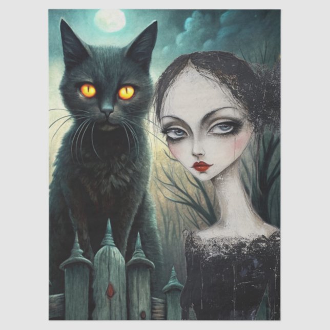 Papier Mousseline Spooky Moonlit Black Cat Halloween Decoupage (Recto)