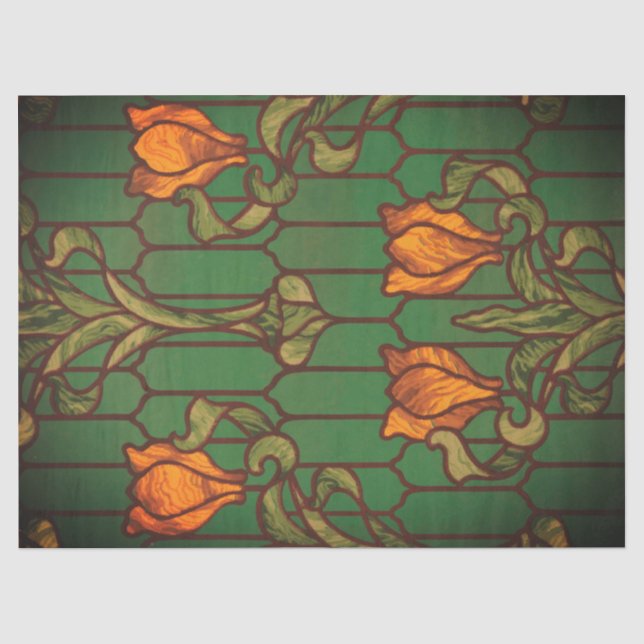 Papier Mousseline Stained glass look floral art nouveau green orange (Recto)