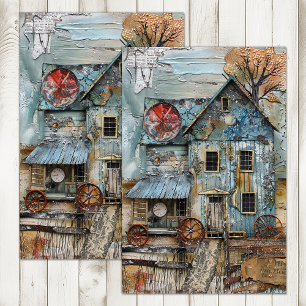 PAPIER MOUSSELINE STATION DE TRAIN SHABBY BLUE DÉCOUPAGE MÉDIA
