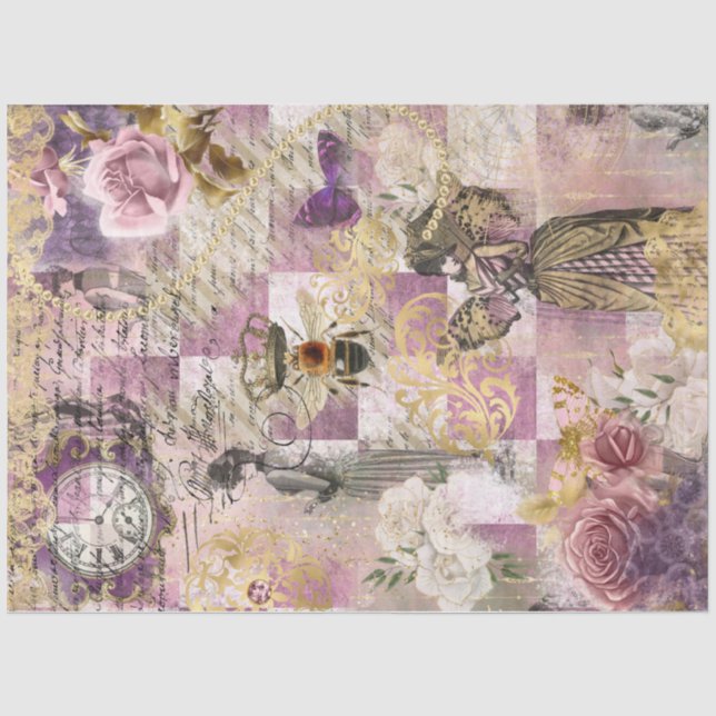 Papier Mousseline Steampunk Bee Victorian Woman Pink Checks Script (Recto)