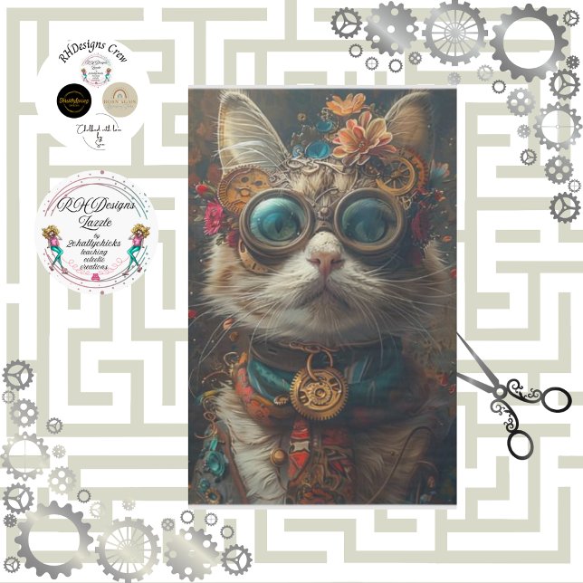 Papier Mousseline Steampunk Cat Guardian Turquoise Découpage orange (Créateur téléchargé)