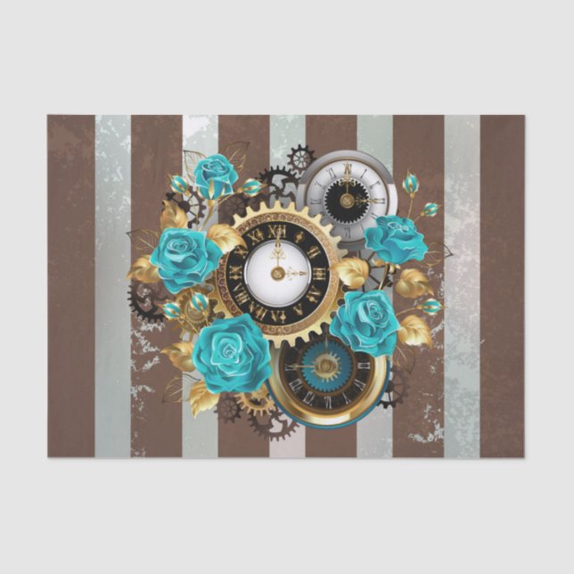 Papier Mousseline Steampunk Clock and Turquoise Roses on Striped (Recto)