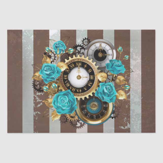 Papier Mousseline Steampunk Clock and Turquoise Roses on Striped (Recto)