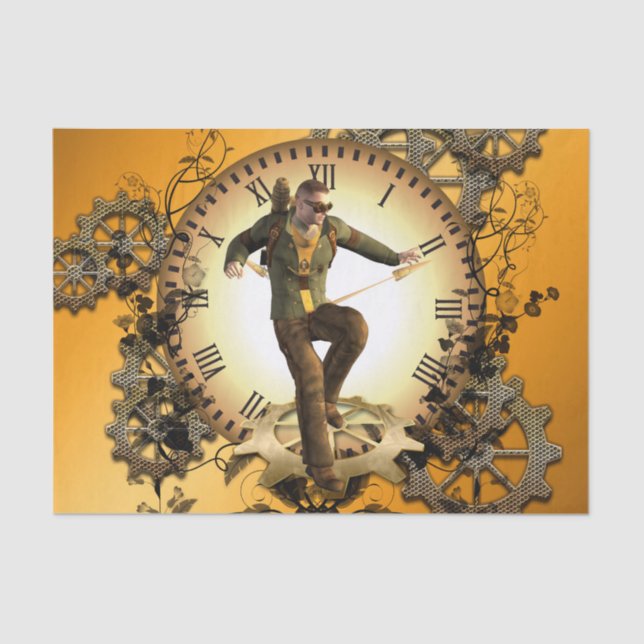 Papier Mousseline Steampunk, homme sur une horloge (Recto)