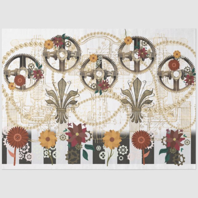 PAPIER MOUSSELINE- Steampunk Striped Flowers Tissue Paper (Front)