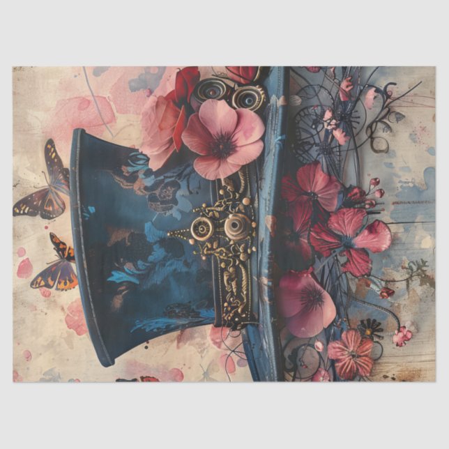 Papier Mousseline Steampunk Top Chapeau Papillons Fleurs Découpage (Recto)