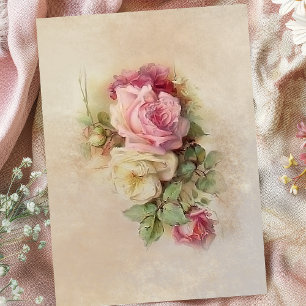 Papier Mousseline Style peint à la main Roses Vintages rose et blanc