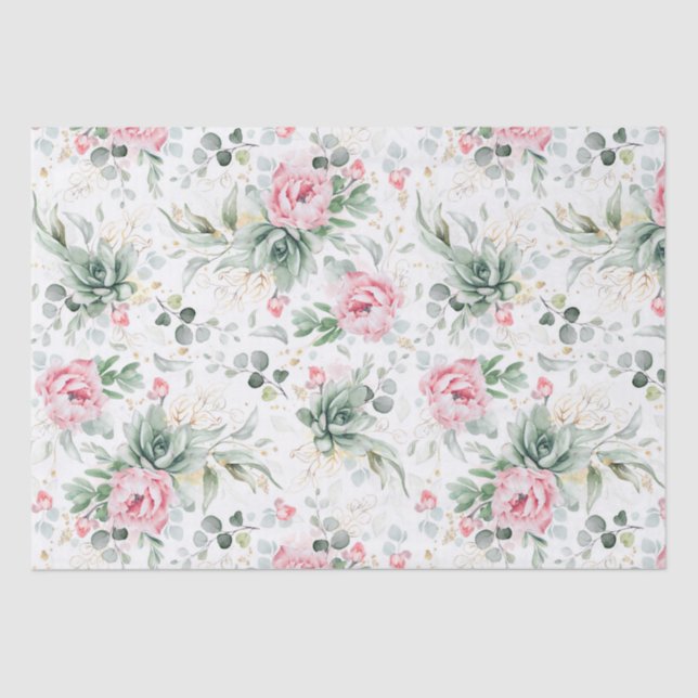 Papier Mousseline Succulentes verdure et fleurs roses botaniques (Recto)