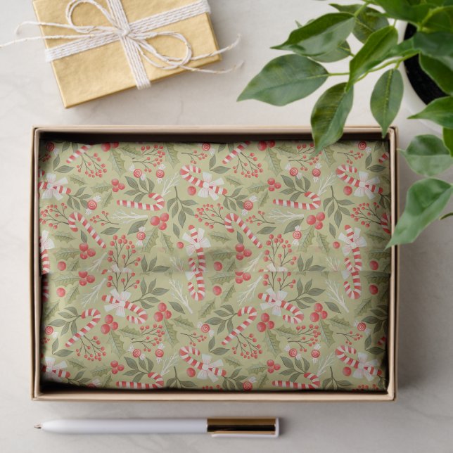 Papier Mousseline Sucre de canne Holly Berry Motif de Noël vert (Cadeau)