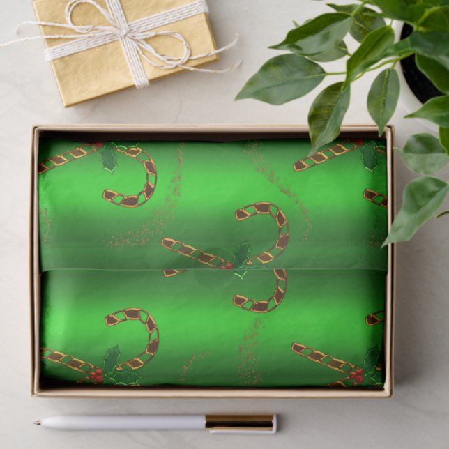 Papier Mousseline Sucres de canne d'or et Holly sur Green Christmas (Cadeau)