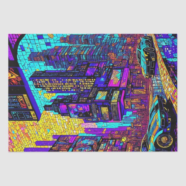 Papier Mousseline Superbe Mosaïque Vitrail Neon Cyberpunk City (Recto)