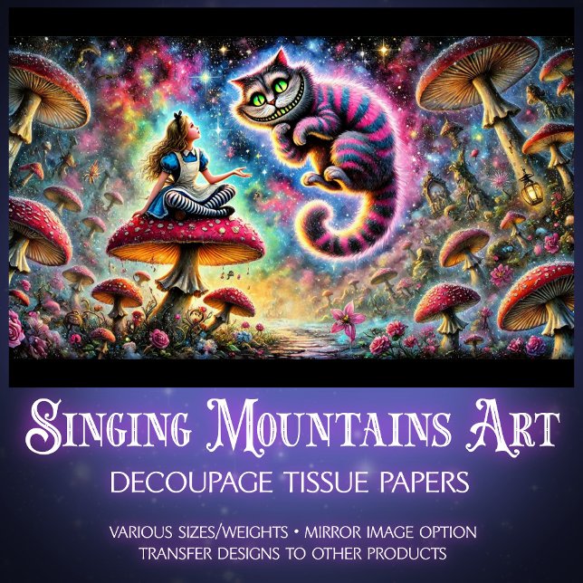 Papier Mousseline Surreal Fantasy Mushrooms Alice and Cat (Créateur téléchargé)