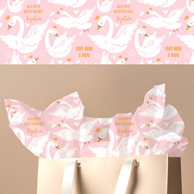 Papier Mousseline Swan Girl Anniversaire Nom rose (Swan Girl Birthday Name Pink Tissue Paper)