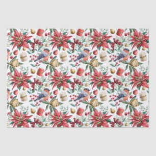 Papier Mousseline Symboles de Noël avec Poinsettia avec Robin Rouge