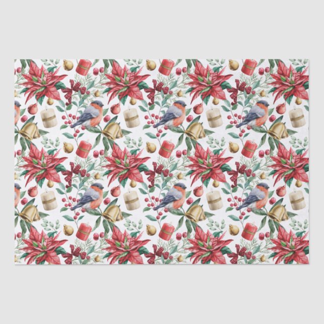 Papier Mousseline Symboles de Noël avec Poinsettia avec Robin Rouge (Recto)