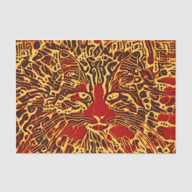 Papier Mousseline Tabby Abstrait Tribal Chat Rouge Jaune Hippie Art (Recto)