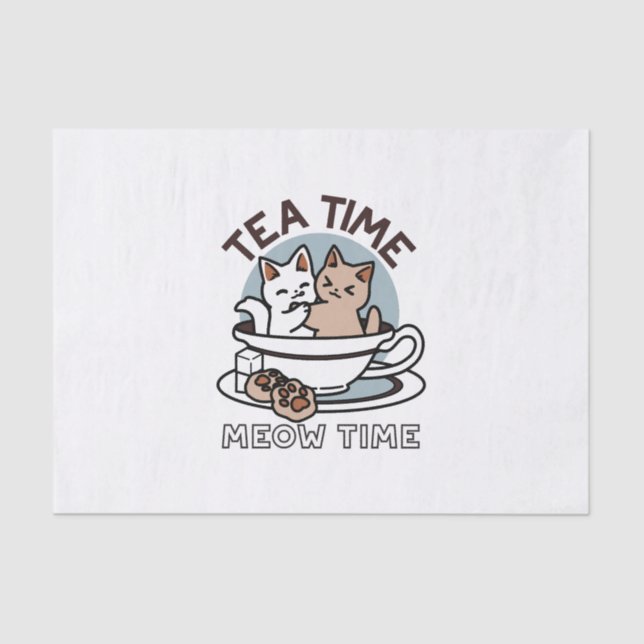 Papier Mousseline Tea Time Meow Time - Cute Cat and Tea Design (Recto)