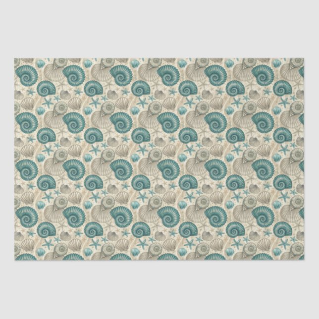 Papier Mousseline Teal & Beige Beach Shells Pattern Decoupage (Recto)