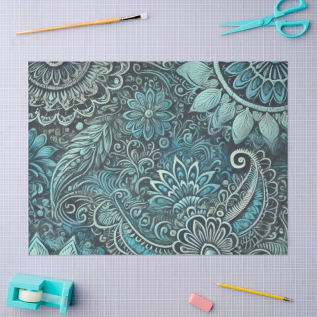 Papier Mousseline Teal Blue Paisley Floral Pattern Decoupage (Artisanat)