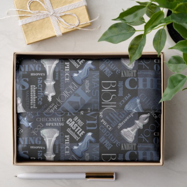 Papier Mousseline Termes et pièces d'échecs Argent et bleu ID784 (Cadeau)