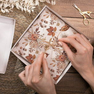 Papier Mousseline Terre cuite rouille bohème floral feuillage d'auto