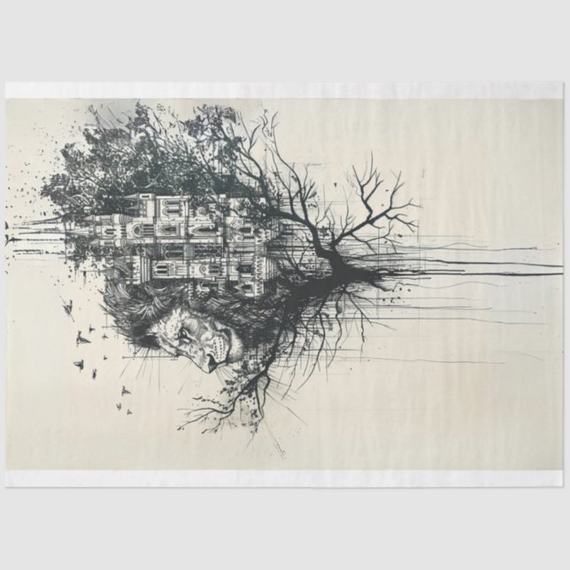 Papier Mousseline Tête de lion silhouette dans le découpage de l'arb (Recto)