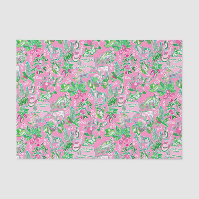 Papier Mousseline Texas Map Pink & Green Preppy Motif (Recto)